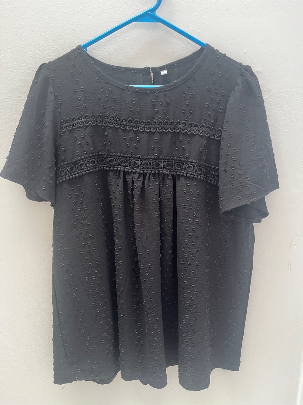 Black Textured Swiss Dot Babydoll Top - Women's